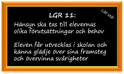 Griffeltavla med text från Lgr 11: Hänsyn ska tas till elevernas olika förutsättningar och behov - Eleven får utvecklas i skolan och känna glädje över sina framsteg och övervinna svårigheter.